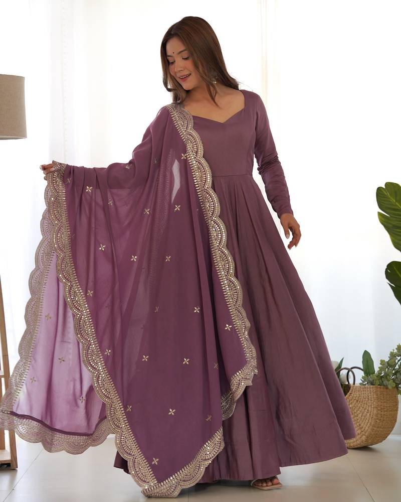 Mauve Colour Party Wear Pure Roman Silk Fully Stitched Gown Set