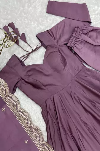 Mauve Colour Party wear Pure Roman Silk Fully Gown Set