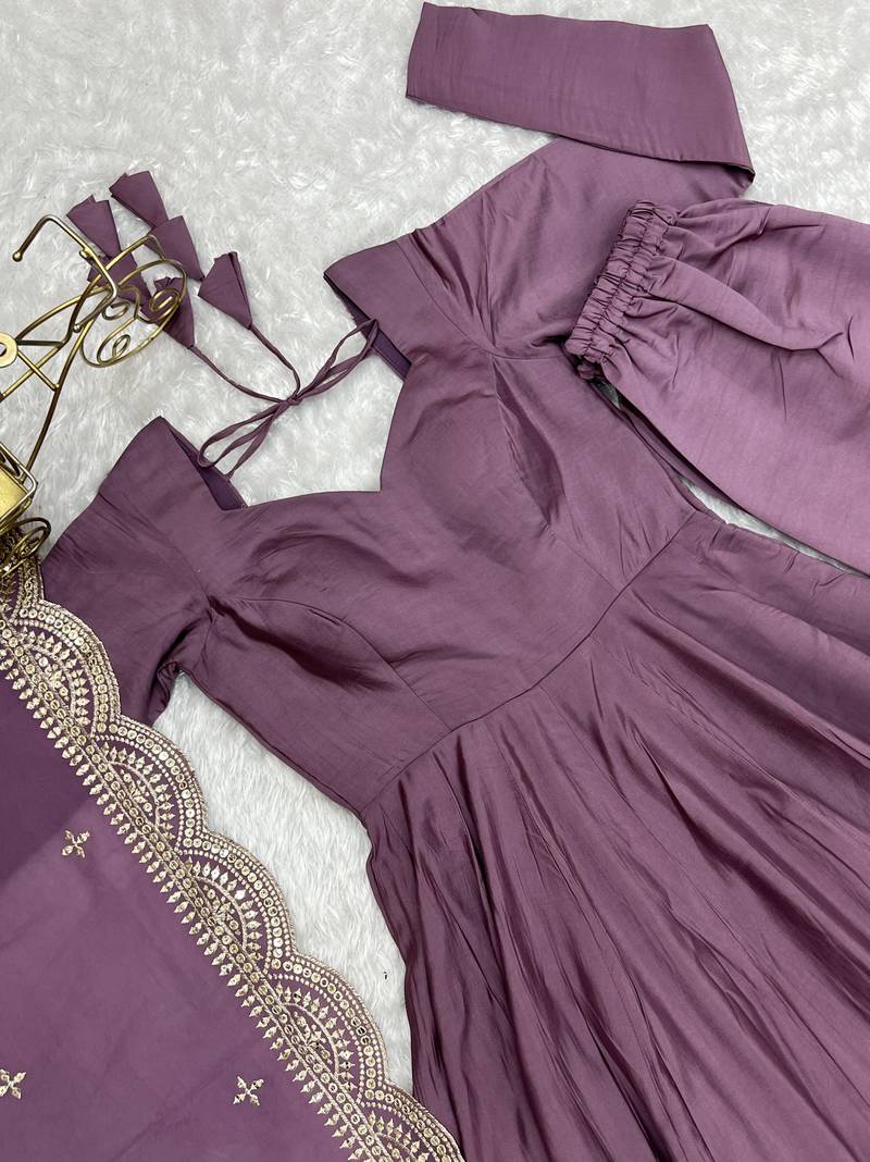 Mauve Colour Party Wear Pure Roman Silk Fully Stitched Gown Set