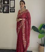 Women georgette thread,sequance embroidery work maroon color saree