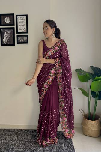 Women georgette thread,sequance embroidery work wine color saree