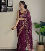 Women georgette thread,sequance embroidery work wine color saree