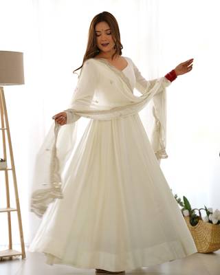 White Colour Party wear Pure Roman Silk Fully  Gown Set 1