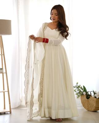 White Colour Party wear Pure Roman Silk Fully  Gown Set 3