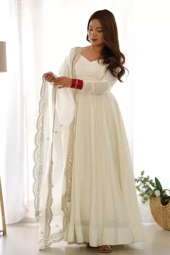 White Colour Party wear Pure Roman Silk Fully Gown Set