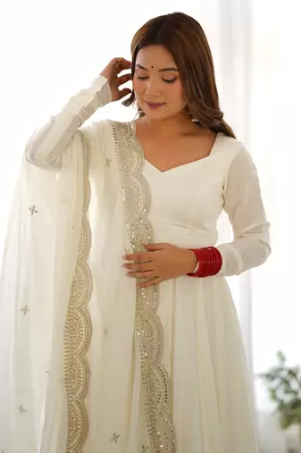 White Colour Party wear Pure Roman Silk Fully Gown Set