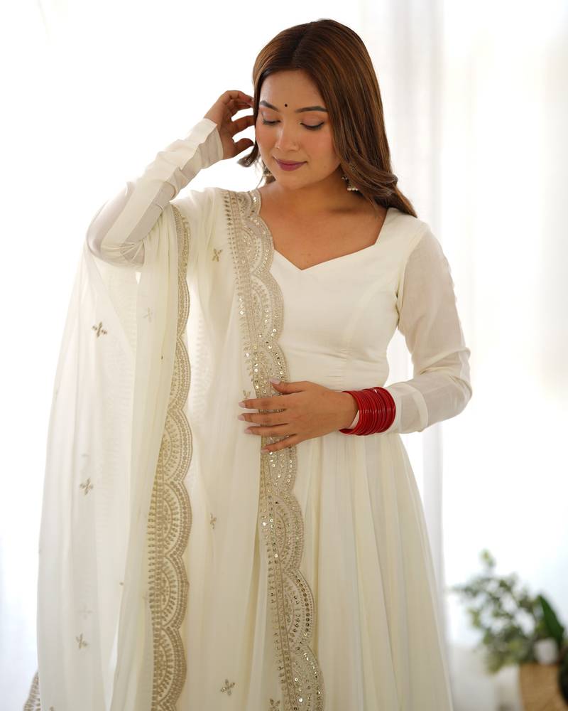 White Colour Party Wear Pure Roman Silk Fully Stitched Gown Set