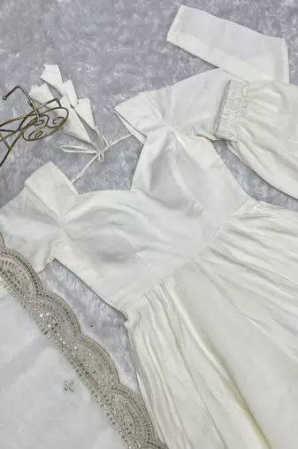 White Colour Party wear Pure Roman Silk Fully Gown Set