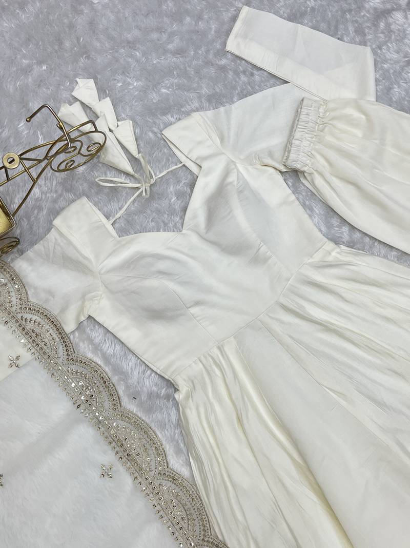 White Colour Party Wear Pure Roman Silk Fully Stitched Gown Set