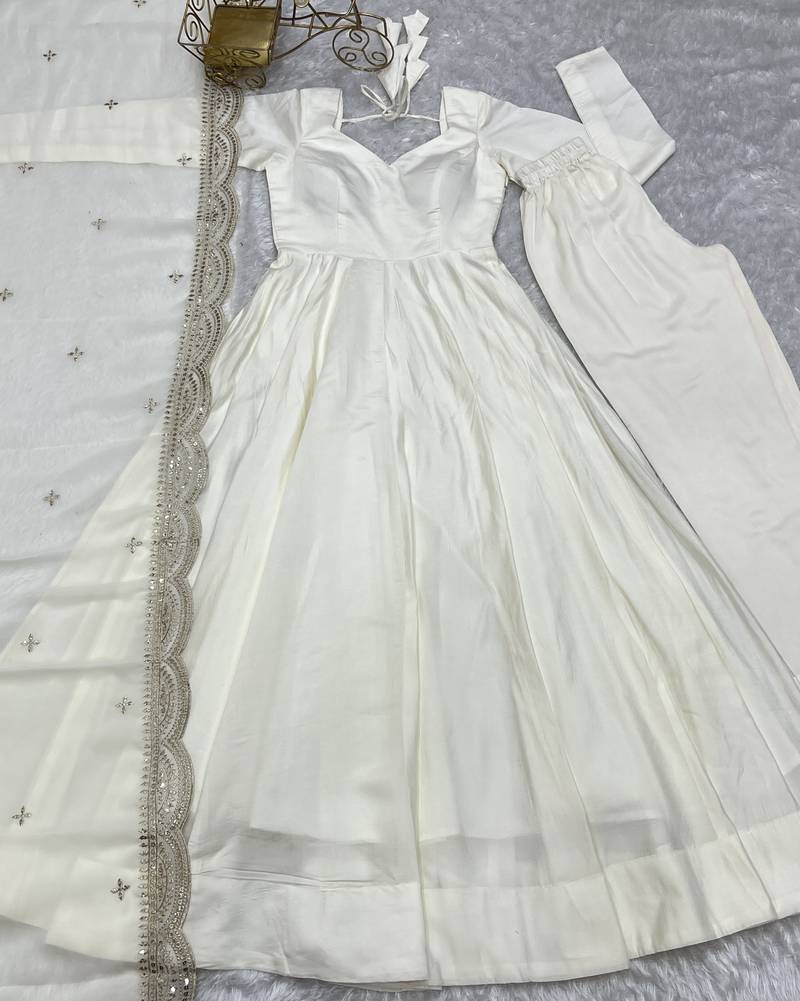 White Colour Party Wear Pure Roman Silk Fully Stitched Gown Set
