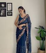 Women georgette thread,sequance embroidery work teal color saree