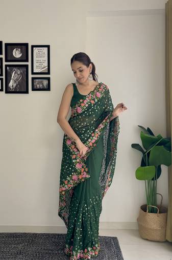 Women georgette thread,sequance embroidery work green color saree