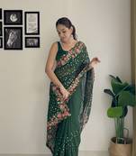 Women georgette thread,sequance embroidery work green color saree