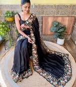 Women vichitra silk thread,sequance embroidery cut work black color saree