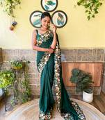 Women vichitra silk thread,sequance embroidery cut work green color saree