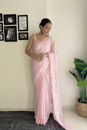 Women georgette c pallu sequance embroidery work pink color saree