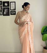 Women georgette c pallu sequance embroidery work peach color saree
