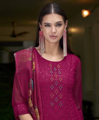  magenta organza bored schiffli embroidered straight kurta with pant & dupatta 1
