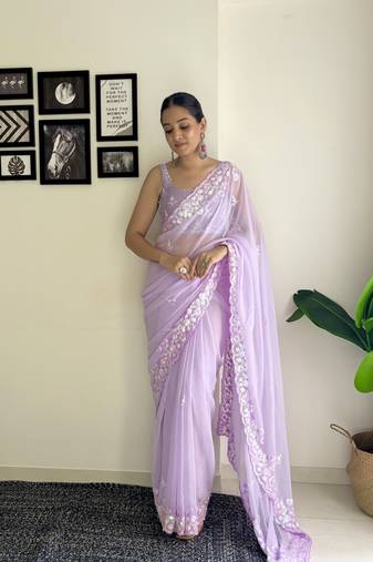 Women georgette c pallu sequance embroidery work purple color saree