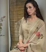  khaki organza bored schiffli embroidered straight kurta with pant & dupatta