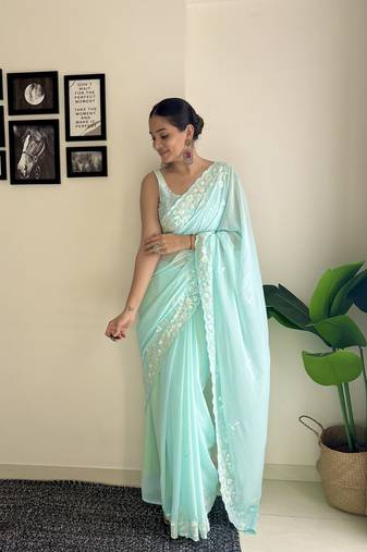 Women georgette c pallu sequance embroidery work sky blue color saree