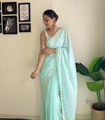 Women georgette c pallu sequance embroidery work sky blue color saree