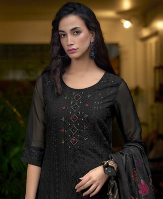  black organza bored schiffli embroidered straight kurta with pant & dupatta 1