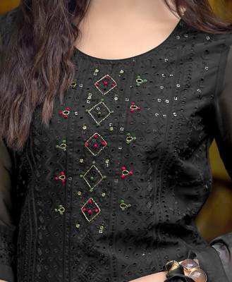  black organza bored schiffli embroidered straight kurta with pant & dupatta 5