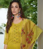  yellow organza bored schiffli embroidered straight kurta with pant & dupatta