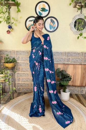 Women georgette thread,sequance embroidery work teal color saree