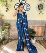 Women georgette thread,sequance embroidery work teal color saree