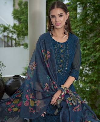  teal blue organza bored schiffli embroidered straight kurta with pant & dupatta 1
