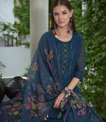  teal blue organza bored schiffli embroidered straight kurta with pant & dupatta