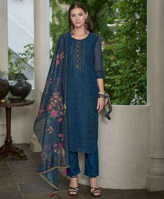  teal blue organza bored schiffli embroidered straight kurta with pant & dupatta 3