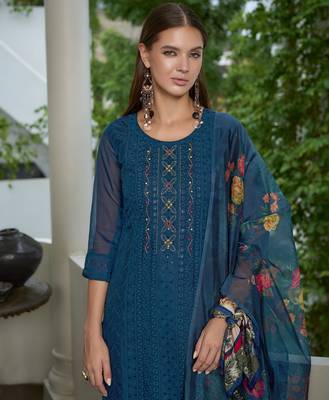  teal blue organza bored schiffli embroidered straight kurta with pant & dupatta 4