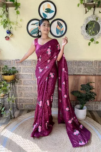Women georgette thread,sequance embroidery work wine color saree