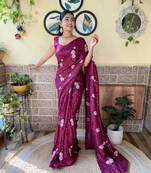 Women georgette thread,sequance embroidery work wine color saree