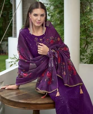  purple organza bored schiffli embroidered straight kurta with pant & dupatta 1