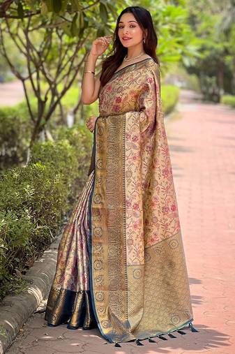 Women silk  Woven meenakari designer beige color saree