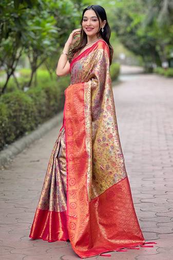 Women silk  Woven meenakari designer beige color saree