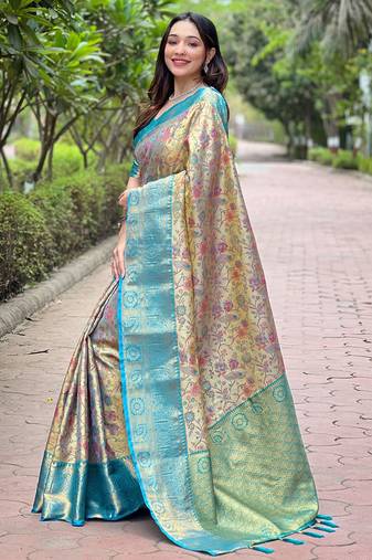 Women silk  Woven meenakari designer beige color saree