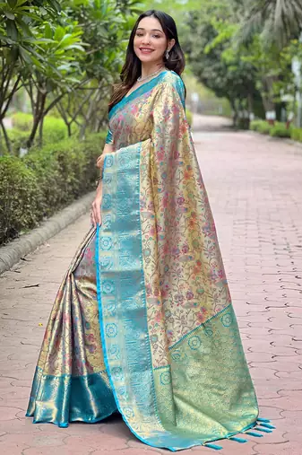 Women silk  Woven meenakari designer beige color saree