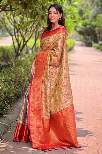 Women silk  Woven meenakari designer beige color saree