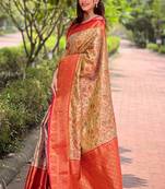 Women silk  Woven meenakari designer beige color saree