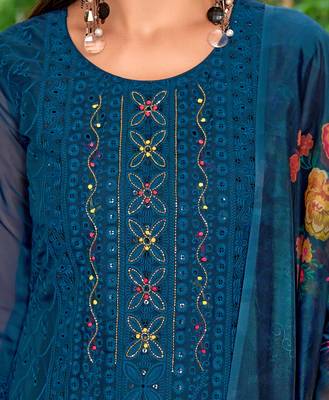  teal blue organza bored schiffli embroidered straight kurta with pant & dupatta 6