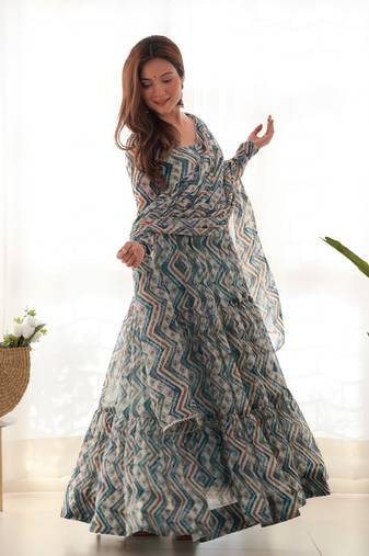 Multi Colour Faux Georgette Anrakly Style Fully Stitched Gown Set