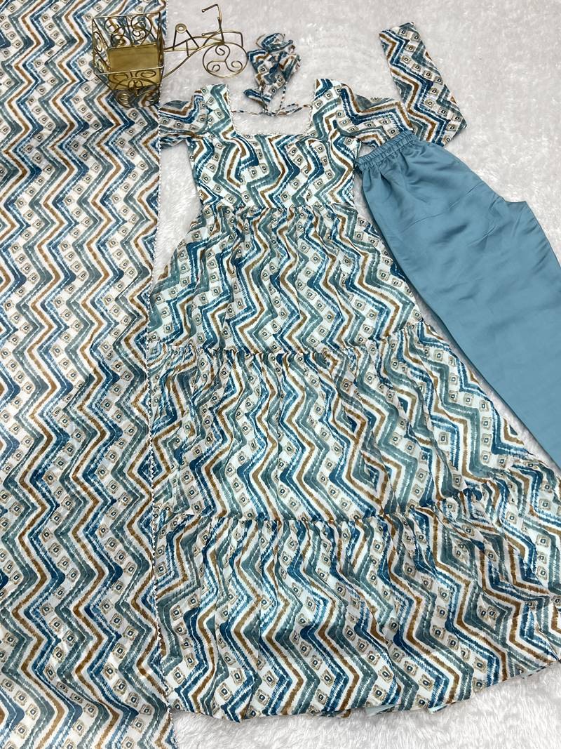 Multi Colour Faux Georgette Anrakly Style Fully Stitched Gown Set