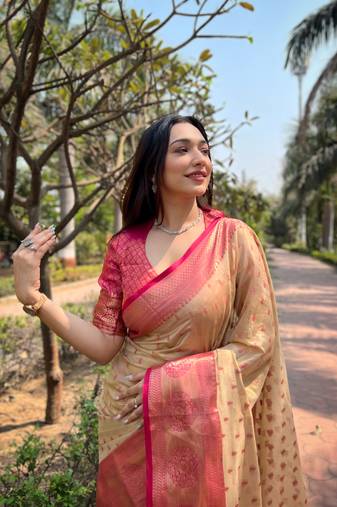 Women tissue silk  Woven designer chiku color saree