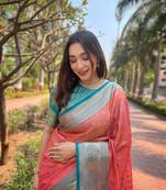 Women tissue silk  Woven designer peach color saree