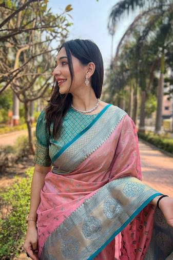 Women tissue silk  Woven designer pink color saree